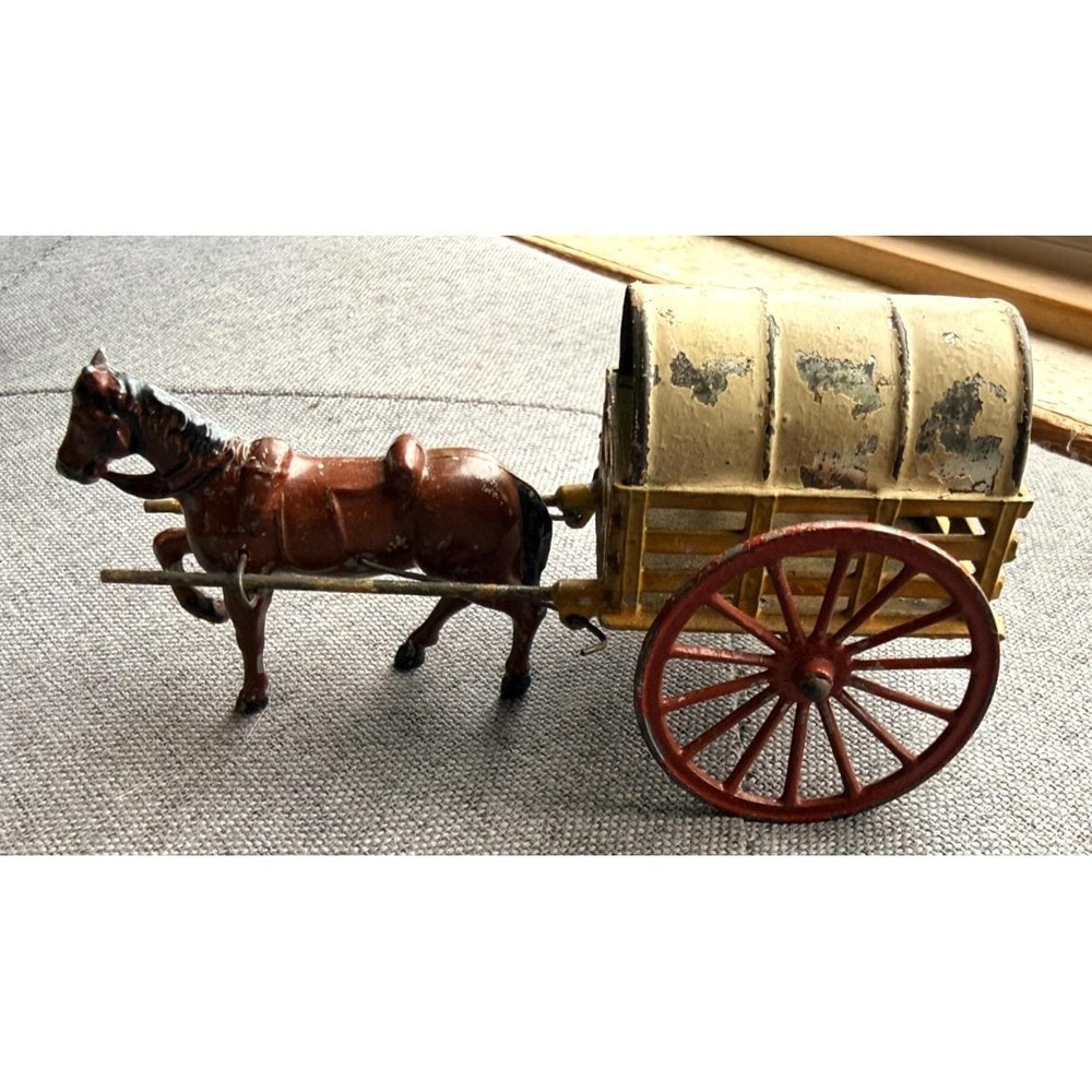 Vintage Horse Drawn Covered Wagon Toy Metal Amish Western Decor